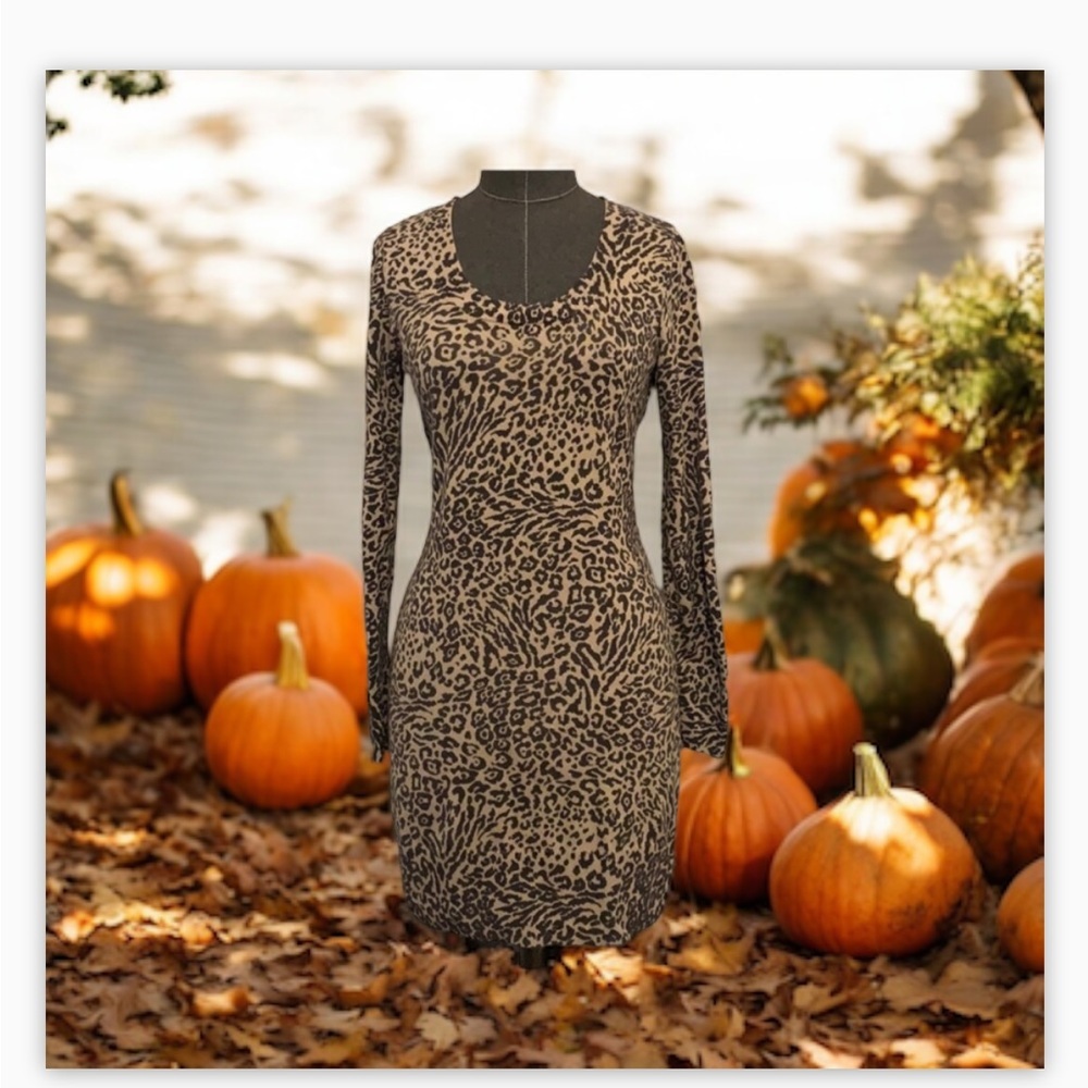 Jacob Leopard Print Dress Small Long Sleeve Crew Neck Animal Bodycon Mini Brown - Picture 4 of 10